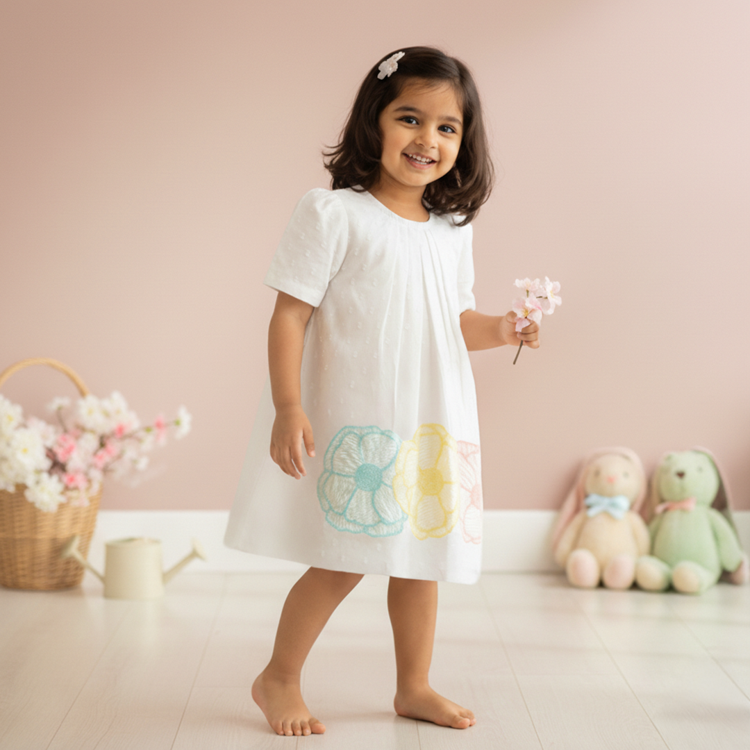 Keebee Organic Cotton Textured Puff Sleeve Embroidered Dress - Flowers |  Baby Kids Clothing India