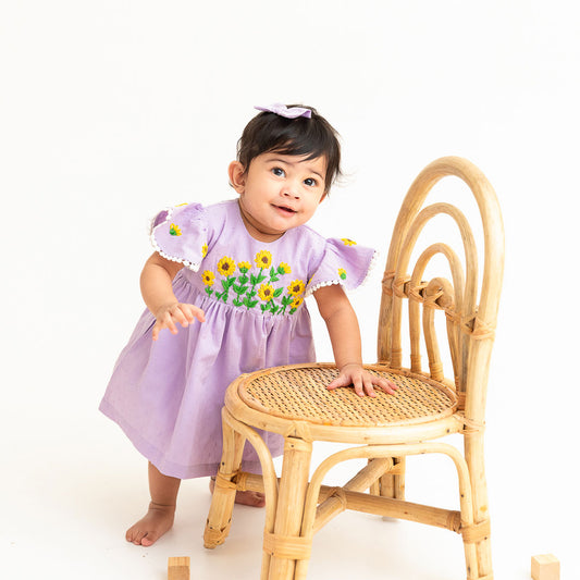 Keebee Organic Cotton Embroidered Girls Lilac Dress - Sunflower