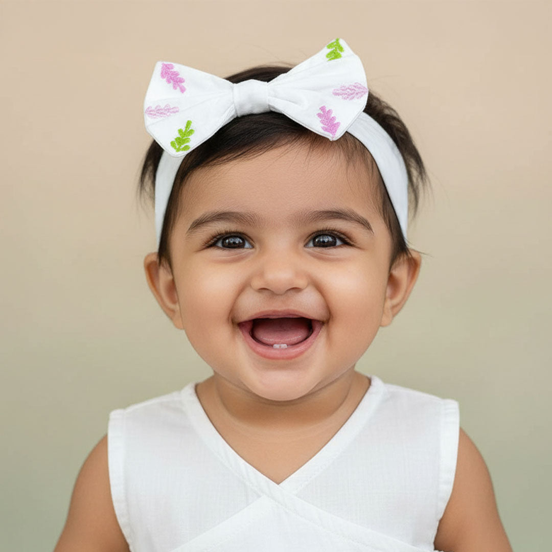 Keebee Organic Cotton White Embroidered Classic Bow Headband - Pink Flowers