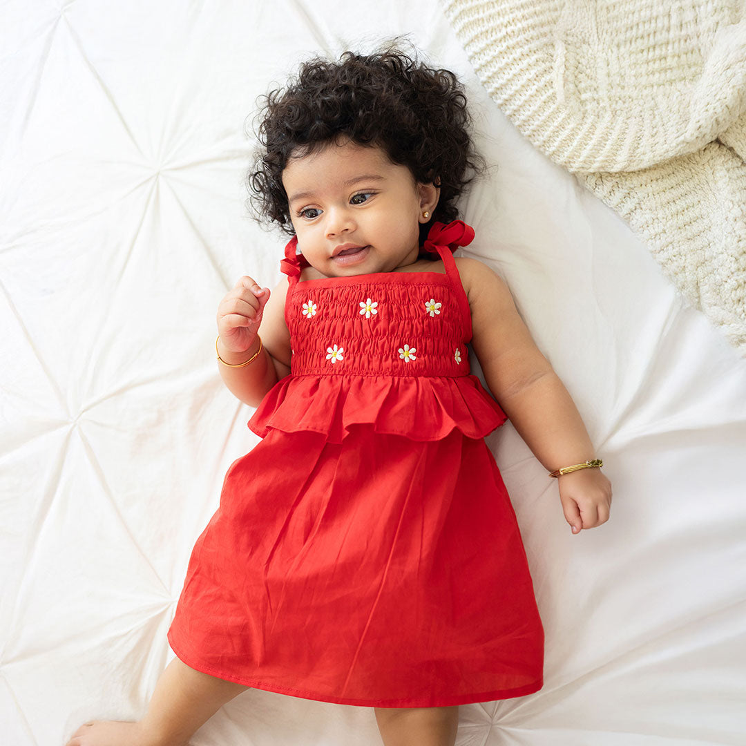 Keebee Organic Cotton Baby Girl Red Shoulder Knot Smocked Dress and Bloomer Set