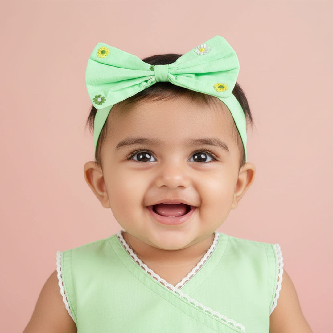Keebee Organic Cotton Mint Green Embroidered Classic Bow Headband - Colorful Flowers