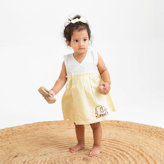 Keebee Organic Cotton Embroidered Girls White and Yellow Overlap Dress - Elephant