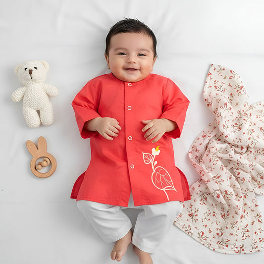 Keebee Organic Cotton Newborn Boys Red Kurta Set - Floral Vine