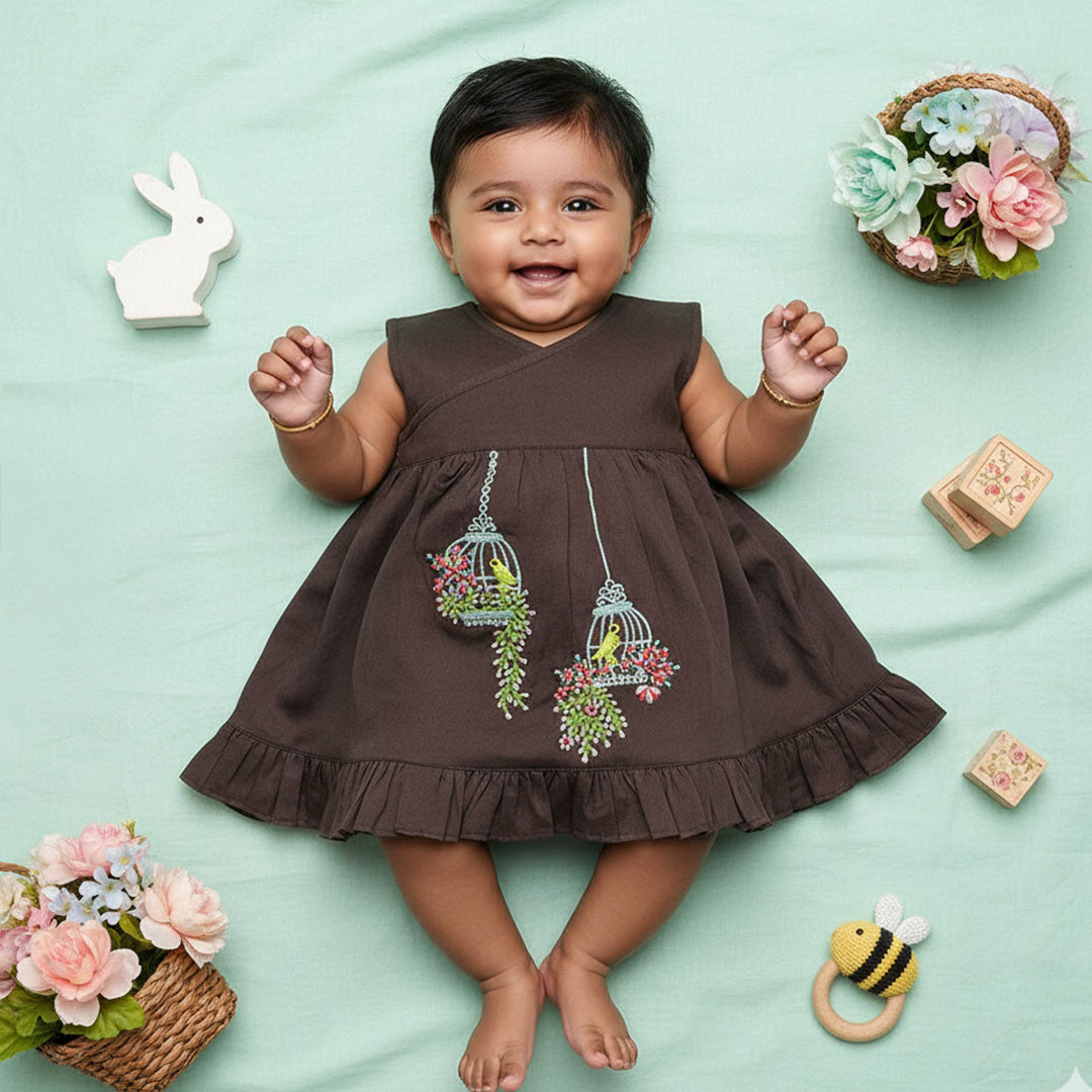 Keebee Organic Cotton Embroidered Choco Brown Wrap Dress - Birdcage Garden  | Baby Kids Clothing India