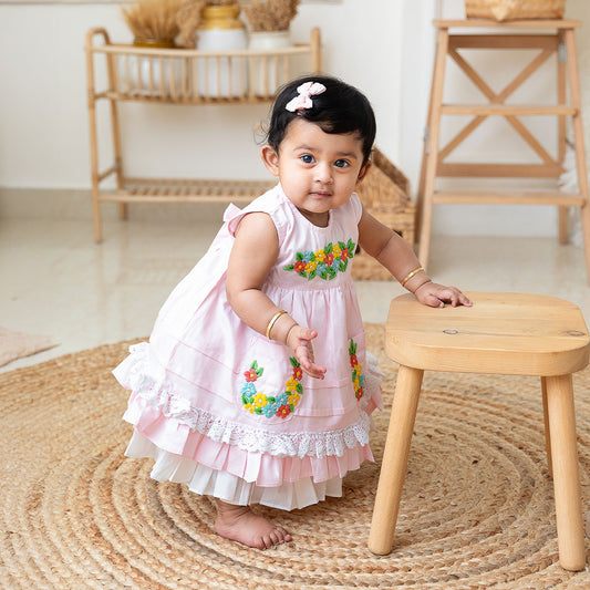 Keebee Organic Cotton Hand Embroidered Baby Pink Peony Baby Girl Dress