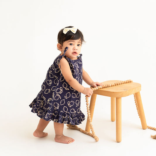 Keebee Organic Cotton Printed Baby Girl Shoulder Knot Dress - Lemon