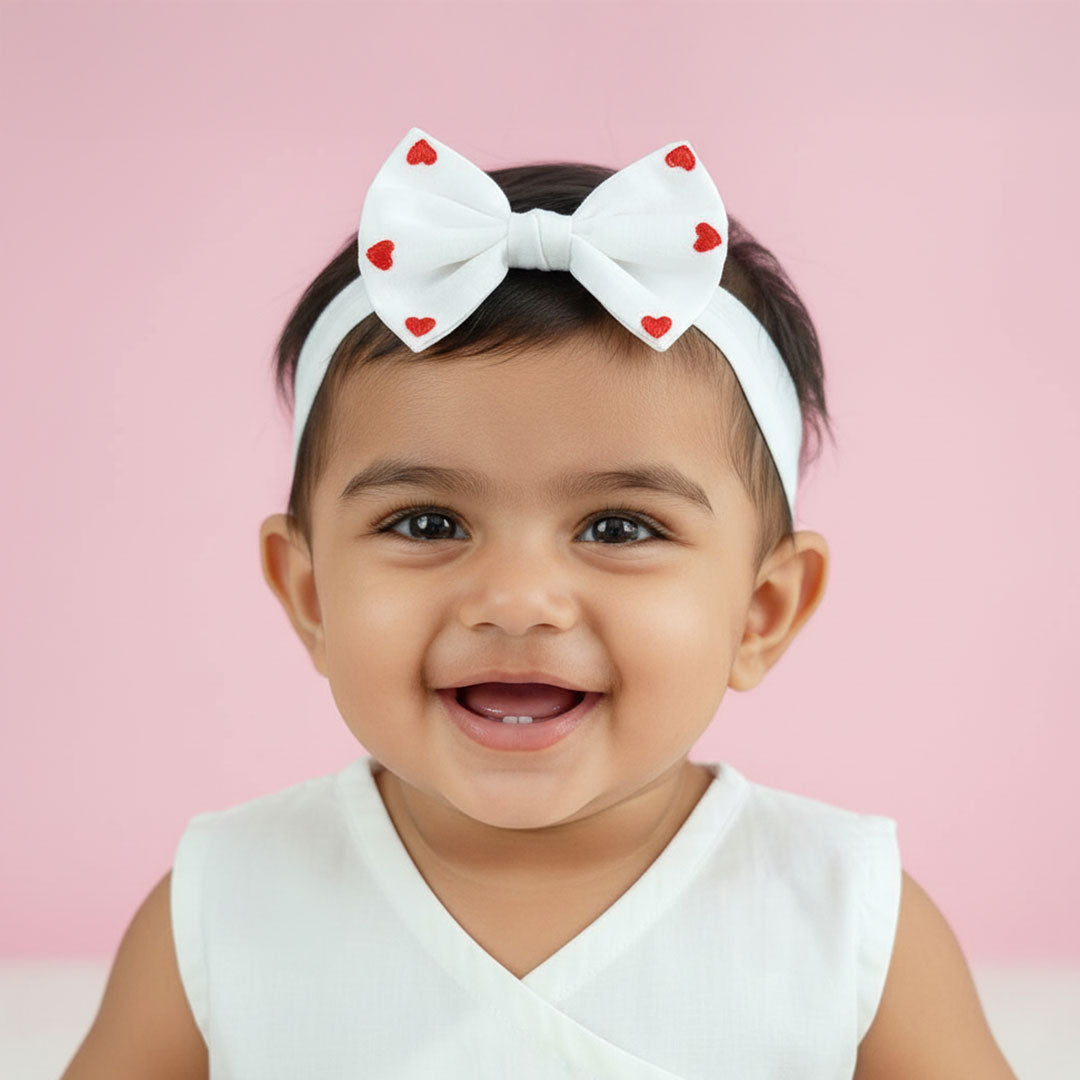 Keebee Organic Cotton White Embroidered Classic Bow Headband - Little Hearts