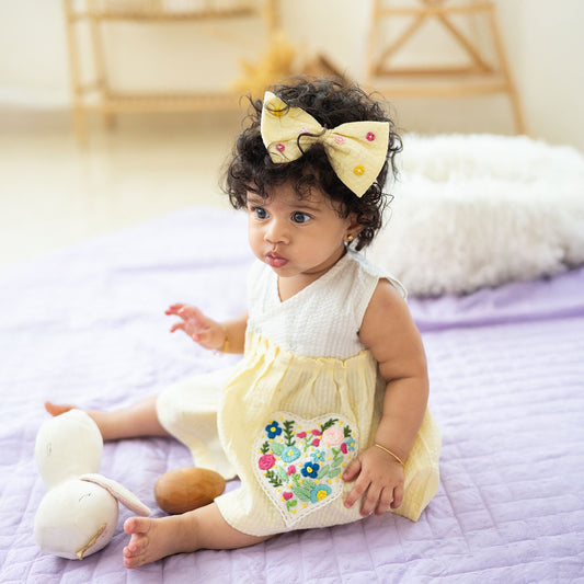 Keebee Organic Cotton Embroidered Girls White and Yellow Overlap Dress - Flower Heart