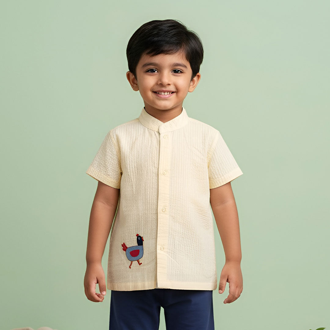 Keebee Organic Cotton Light Yellow Embroidered Shirt - Rooster
