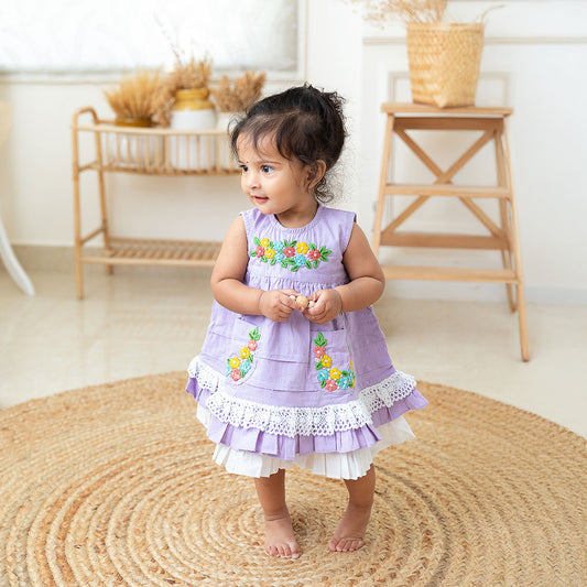 Keebee Organic Cotton Hand Embroidered Lilac Peony Baby Girl Dress