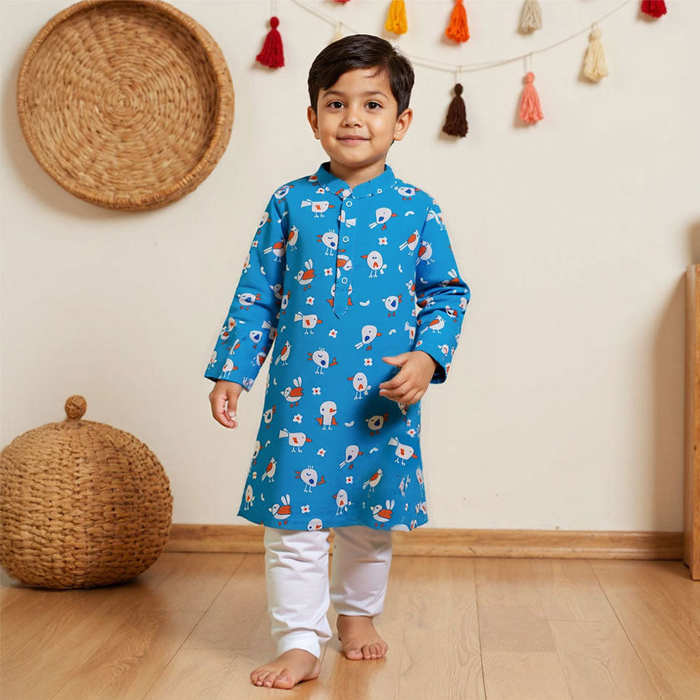 Keebee Organic Cotton Printed Blue Kurta paired with Pajama Pants - Blue Birdie