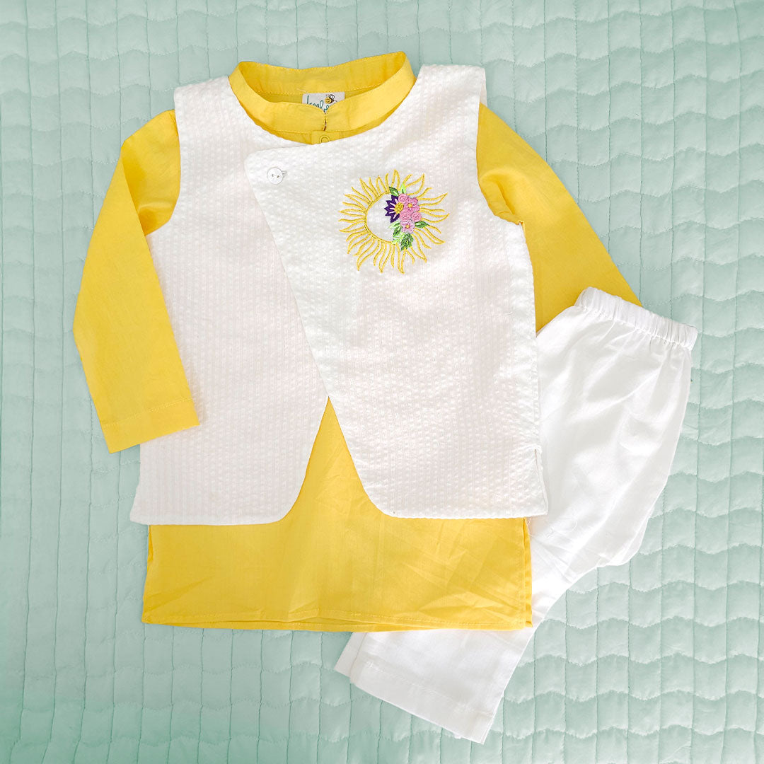 Keebee Organic Cotton Sun Embroidered Jacket Kurta and White Pajama Pants Set - Yellow
