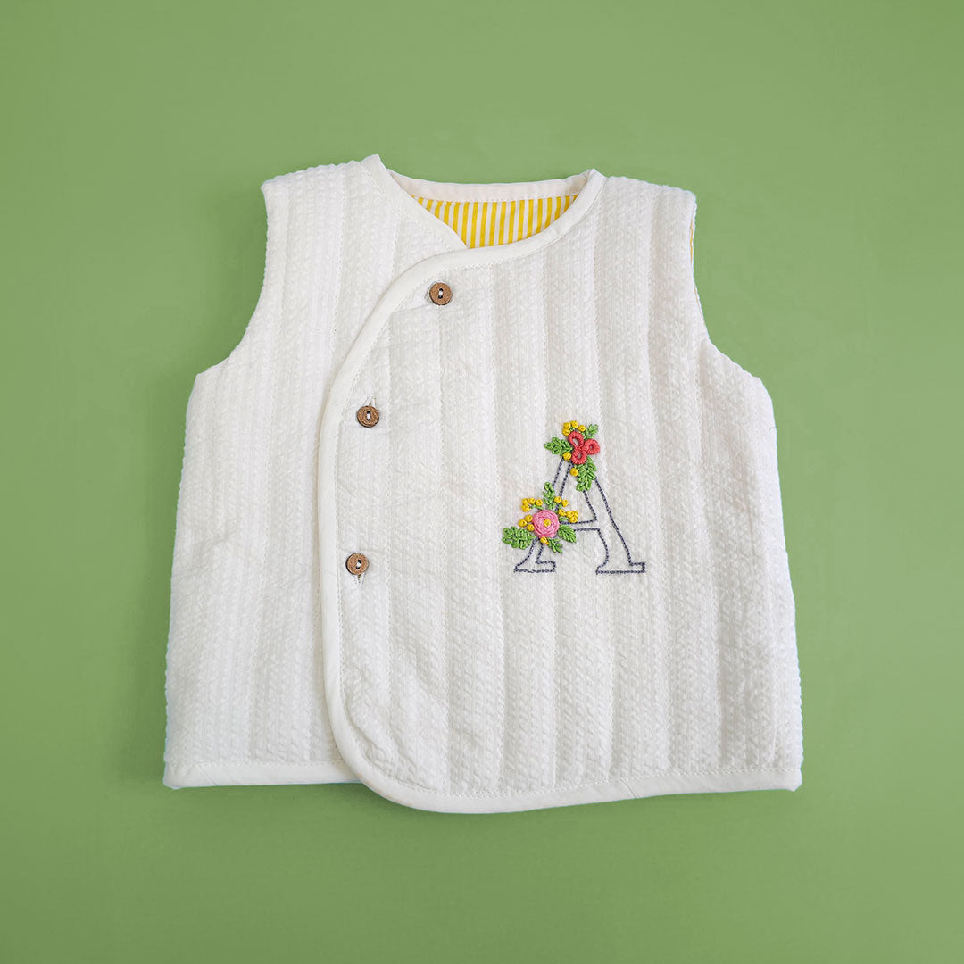 Keebee Organic Cotton Embroidered White Button Up Quilted Vest - Your Baby's Initial