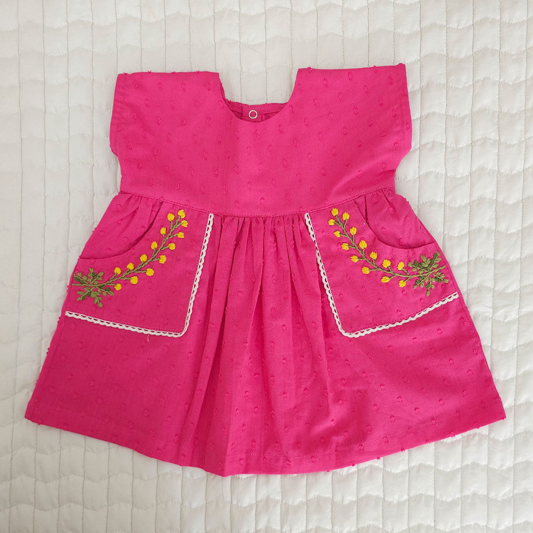 Keebee Organic Cotton Embroidered Girls Hot Pink Pocket Dress - Yellow Flowers