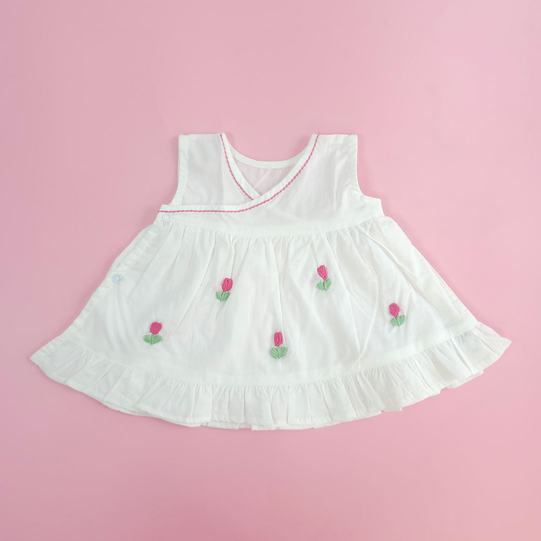 Keebee Organic Cotton Embroidered Newborn Baby Girl White Wrap Dress - Tulip