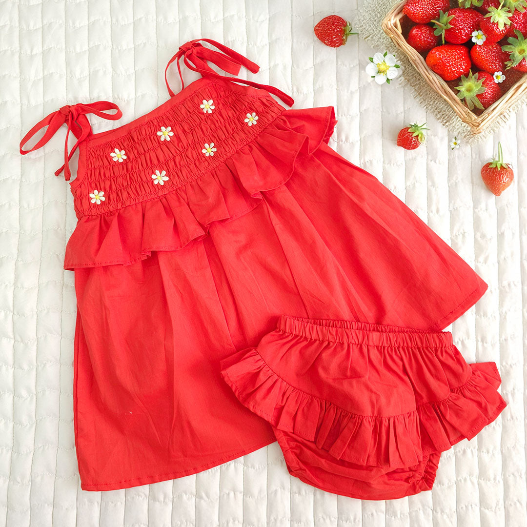 Keebee Organic Cotton Baby Girl Red Shoulder Knot Smocked Dress and Bloomer Set