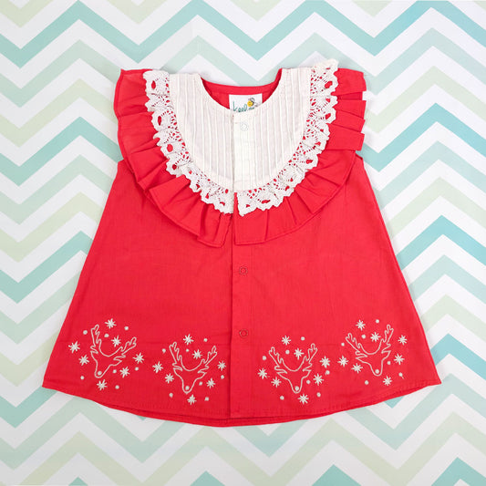 Keebee Organic Cotton Embroidered Baby Girl Red Button Up Dress - Reindeer