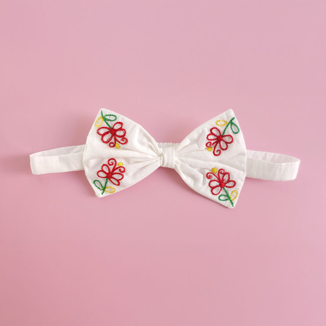 White Embroidered Classic Bow Headband - Sunny Garden