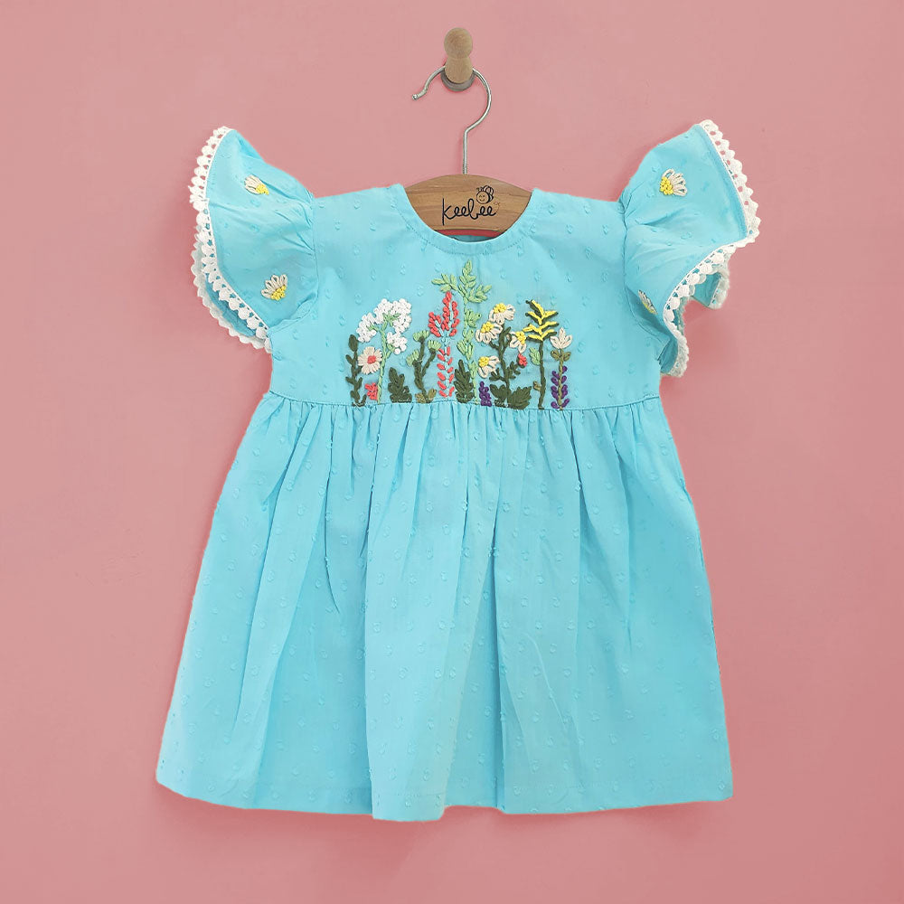 Keebee Organic Cotton Embroidered Girls Light Blue Dress - Flower Garden