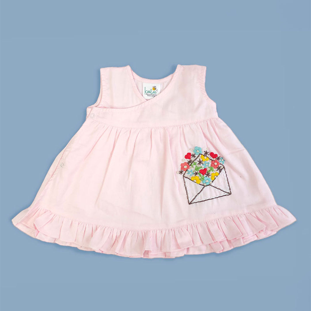 Keebee Organic Cotton Embroidered Girls Pink Jabla / Wrap Dress - Love Letter