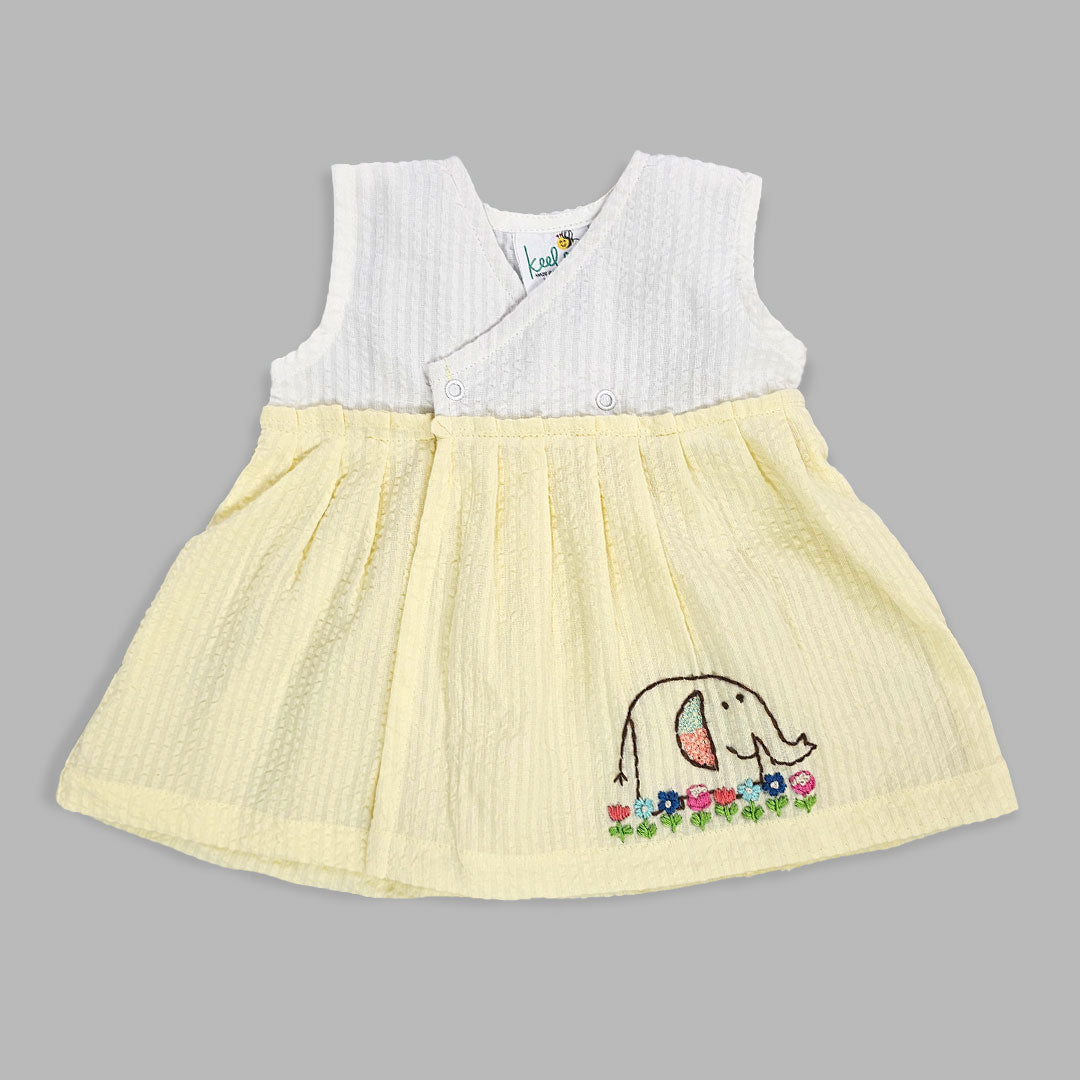 Keebee Organic Cotton Embroidered Girls White and Yellow Overlap Dress - Elephant