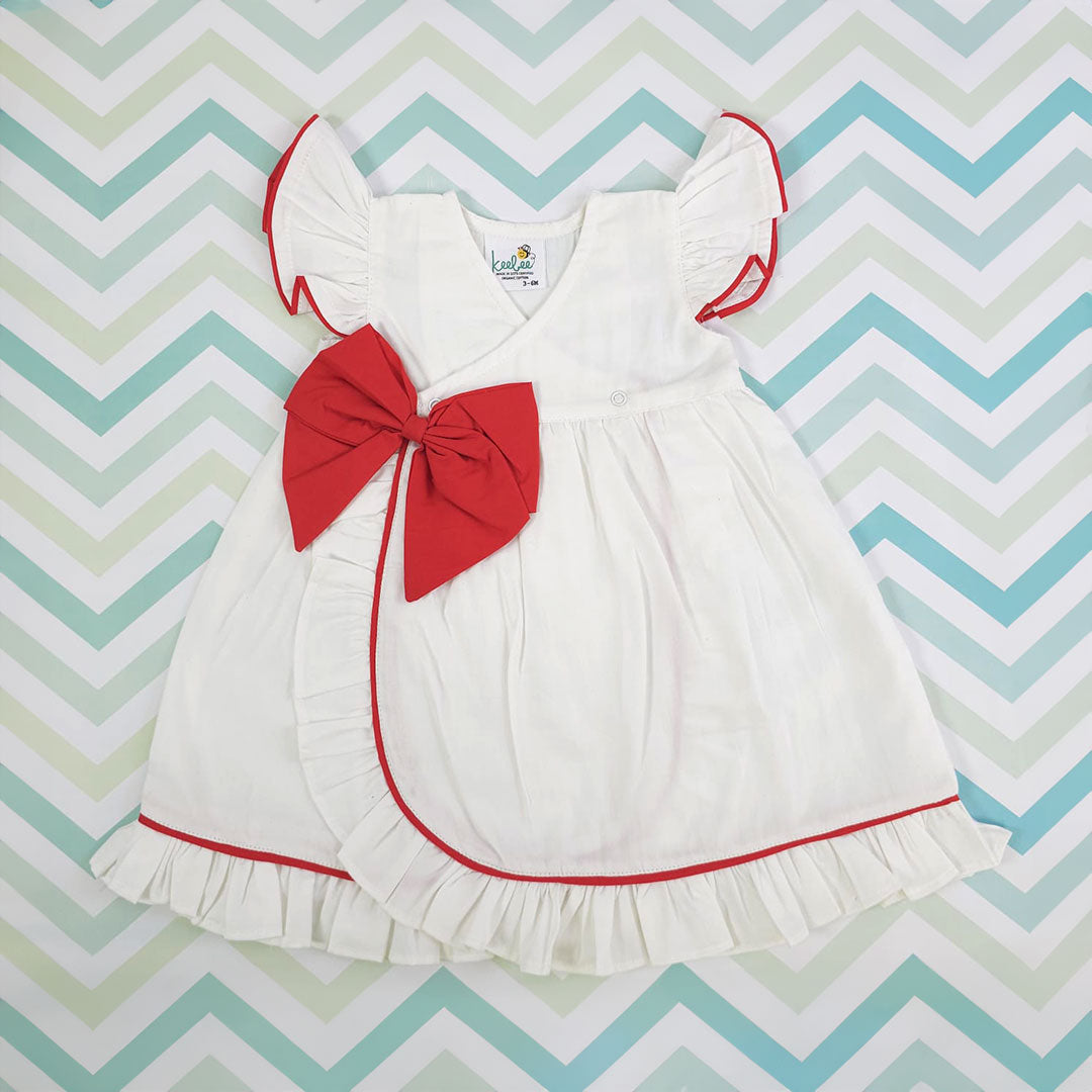 Keebee Organic Cotton Girls White Overlap Dress - Candy Bow
