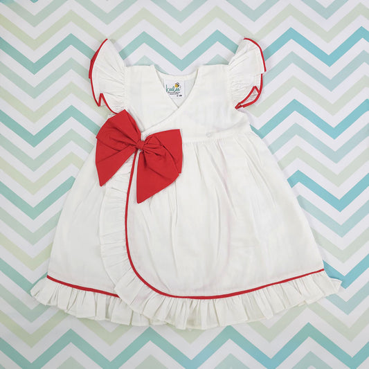 Keebee Organic Cotton Girls White Overlap Dress - Candy Bow