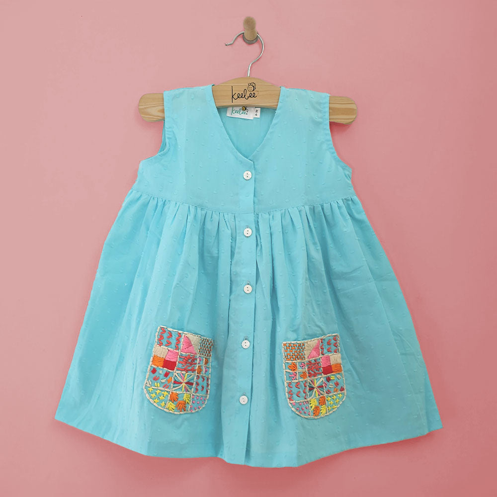 Keebee Organic Cotton Hand Embroidered Light Blue Baby Girl Dress with Pockets
