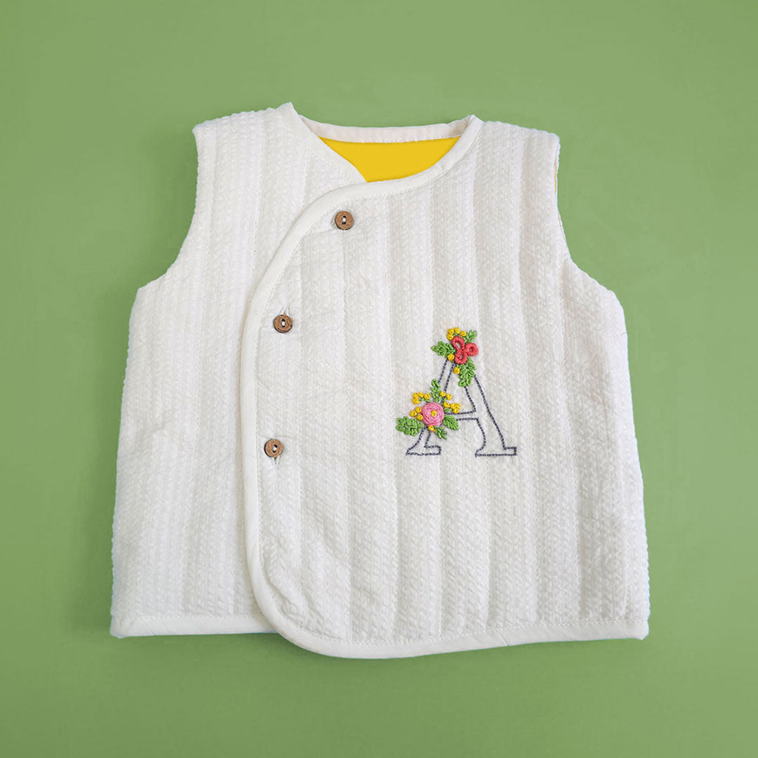 Keebee Organic Cotton Embroidered White Button Up Quilted Vest - Your Baby's Initial