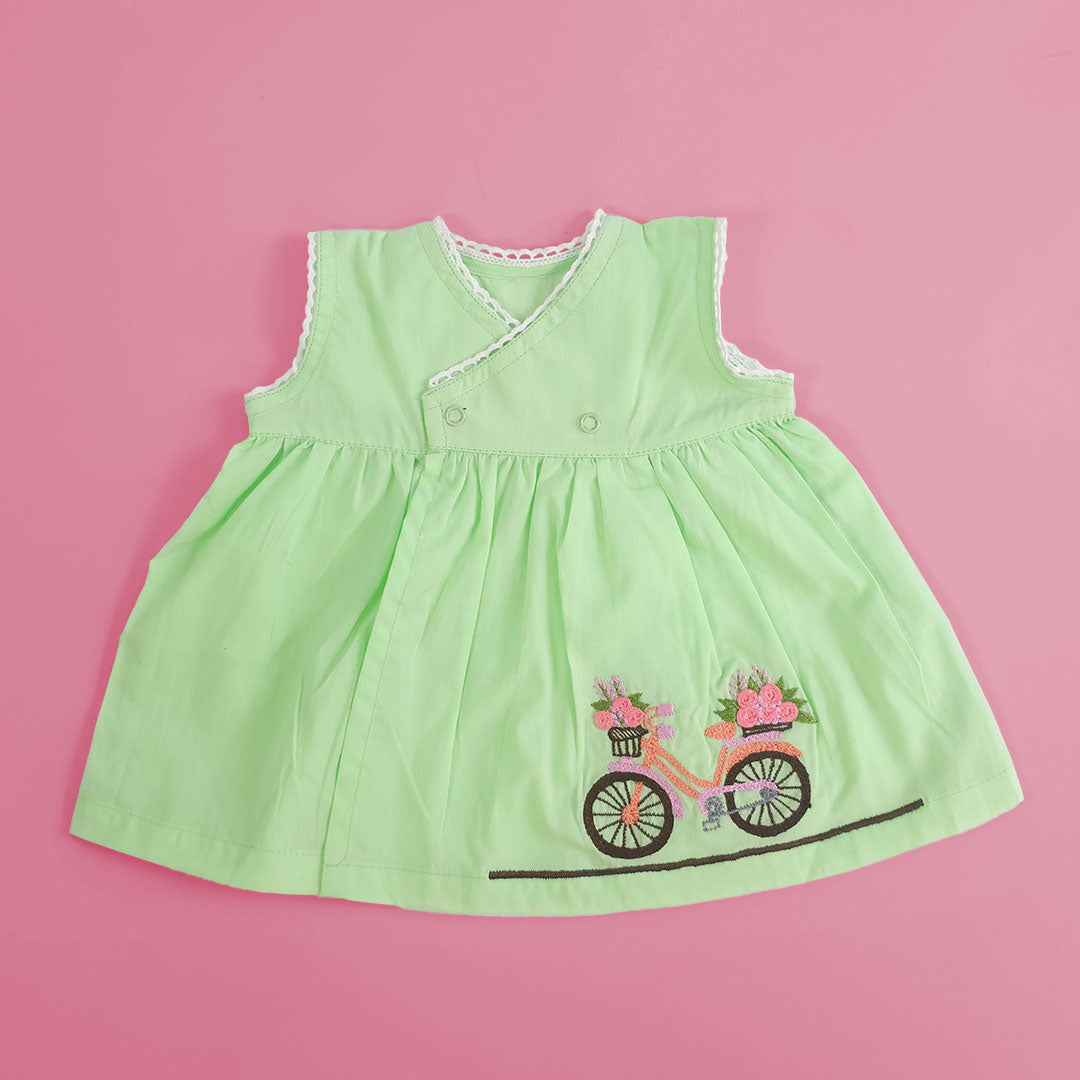 Keebee Organic Cotton Embroidered Newborn Baby Girl Green Overlap Dress - Bicycle