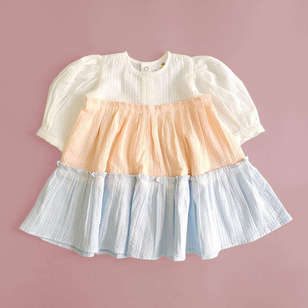 Keebee Organic Cotton Solid Textured Multicolor Baby Girl Tiered Dress with Puffed Sleeves