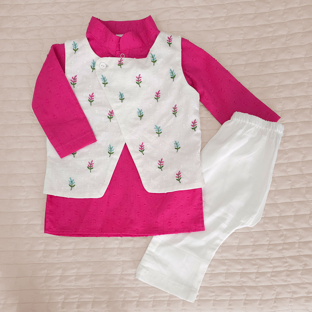 Keebee Organic Cotton Floral Embroidered Jacket Kurta and White Pajama Pants Set - Hot Pink