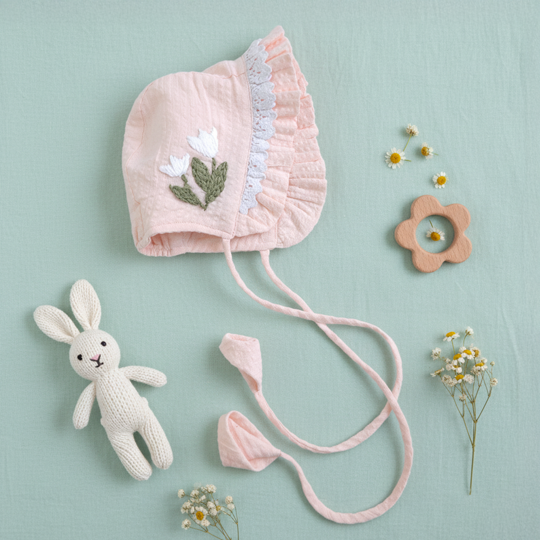 Keebee Organic Cotton Sweet Peach Embroidered Baby Bonnet - White Lilly