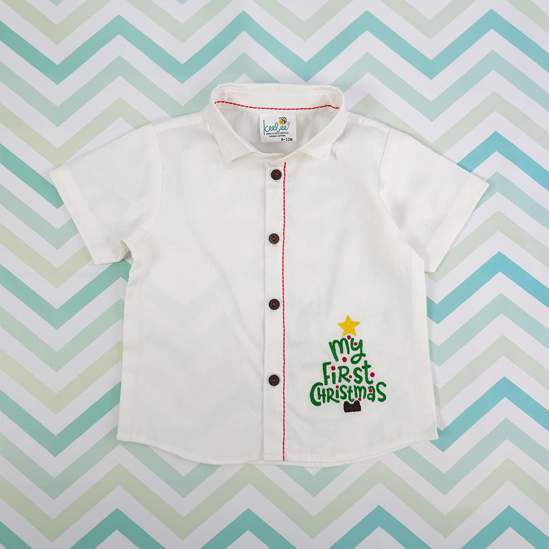 Keebee Organic Cotton Embroidered Half Sleeve Shirt - 'My First Christmas'