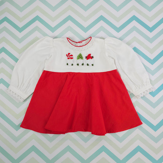Keebee Organic Cotton Embroidered Baby Girl Red and White Full Sleeve Dress - Gnomes