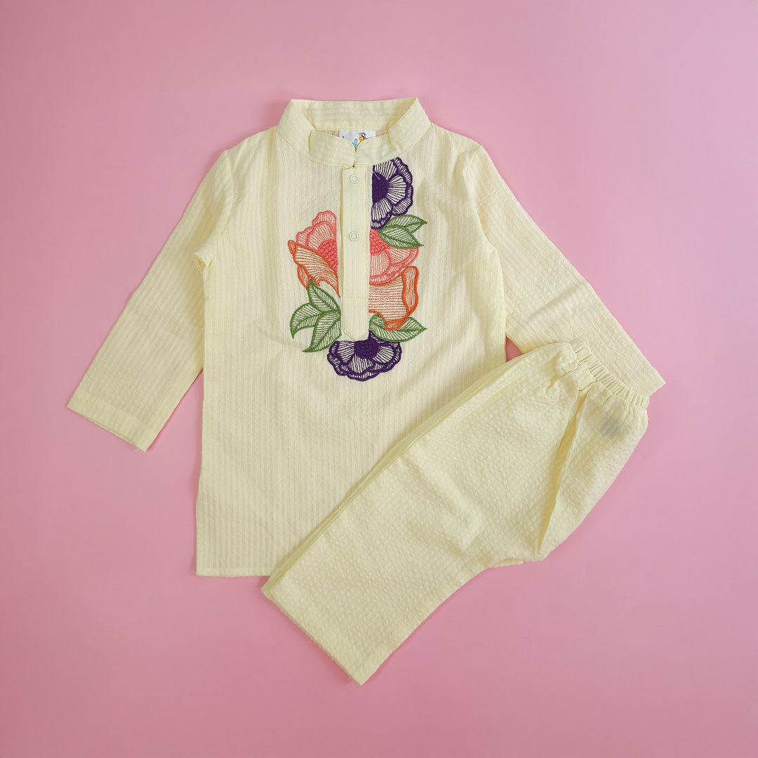 Keebee Organic Cotton Embroidered Yellow Kurta paired with Pajama Pants - Floral Bloom