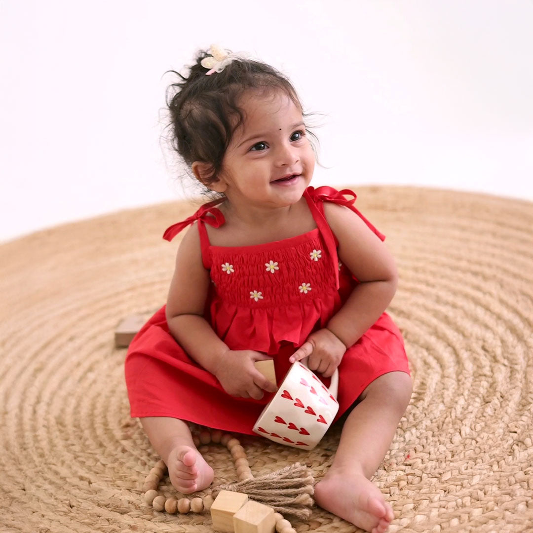Keebee Organic Cotton Smocked Baby Girl Red Shoulder Knot Smocked Dress