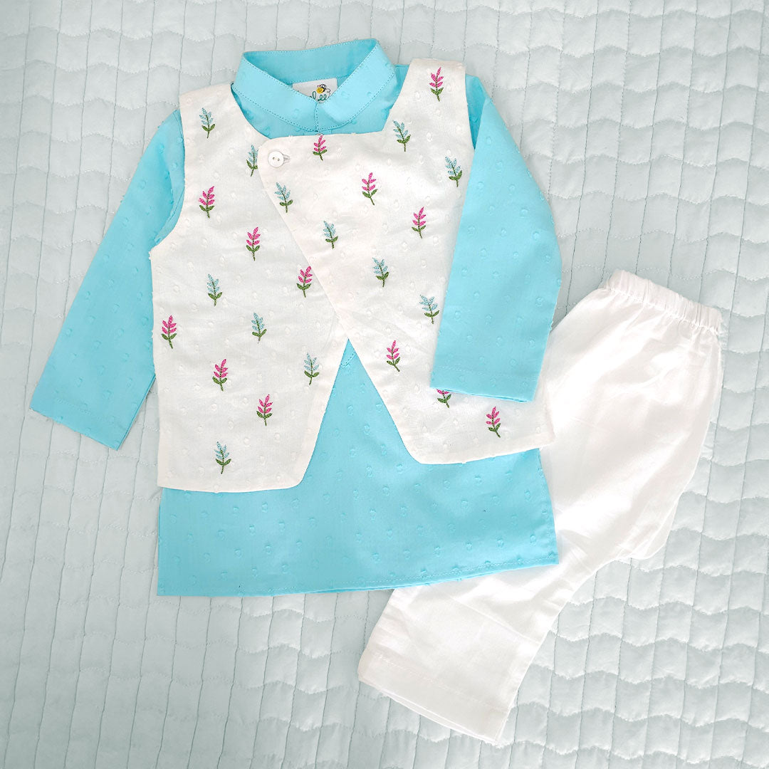 Keebee Organic Cotton Floral Embroidered Jacket Kurta and White Pajama Pants Set - Turquoise Blue