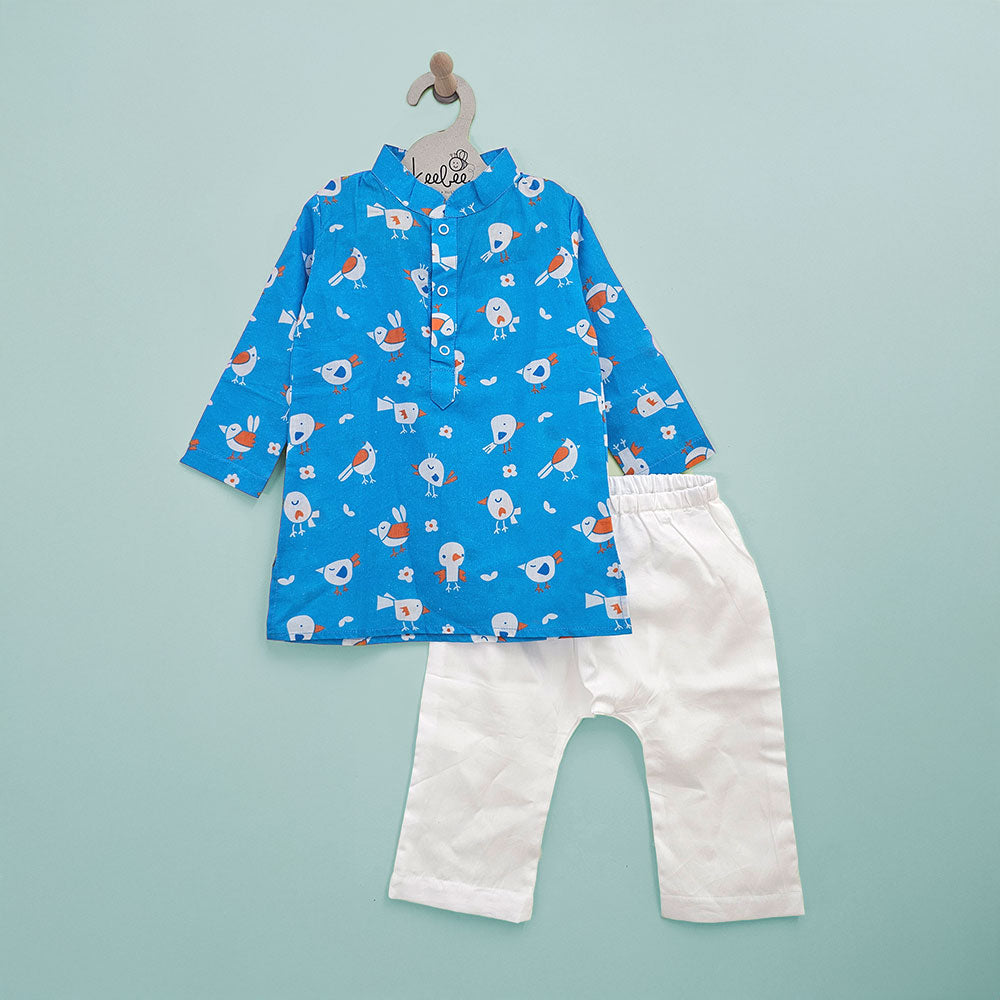 Keebee Organic Cotton Printed Blue Kurta paired with Pajama Pants - Blue Birdie