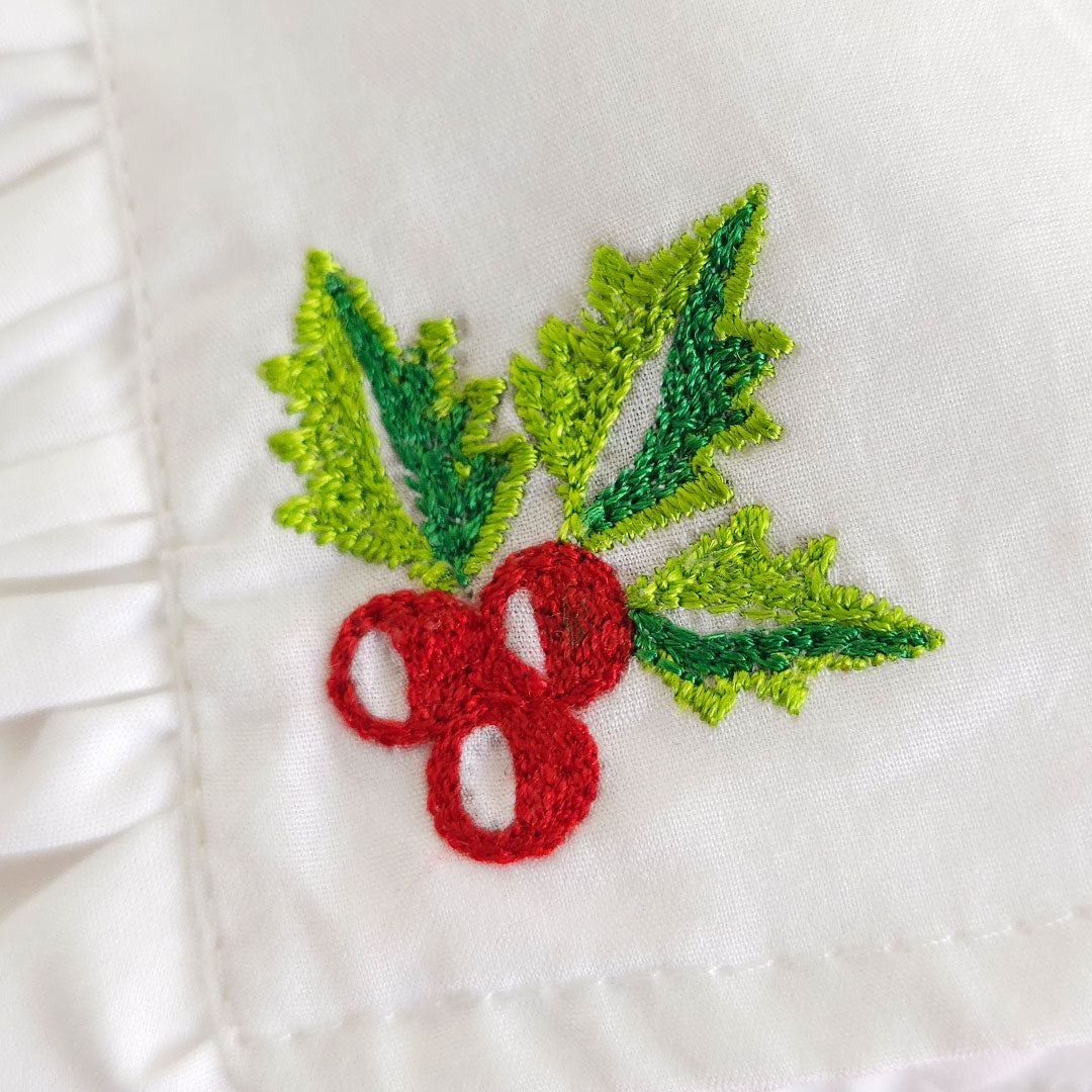 Keebee Organic Cotton Embroidered White Ruffled Baby Bonnet - Merry Holly