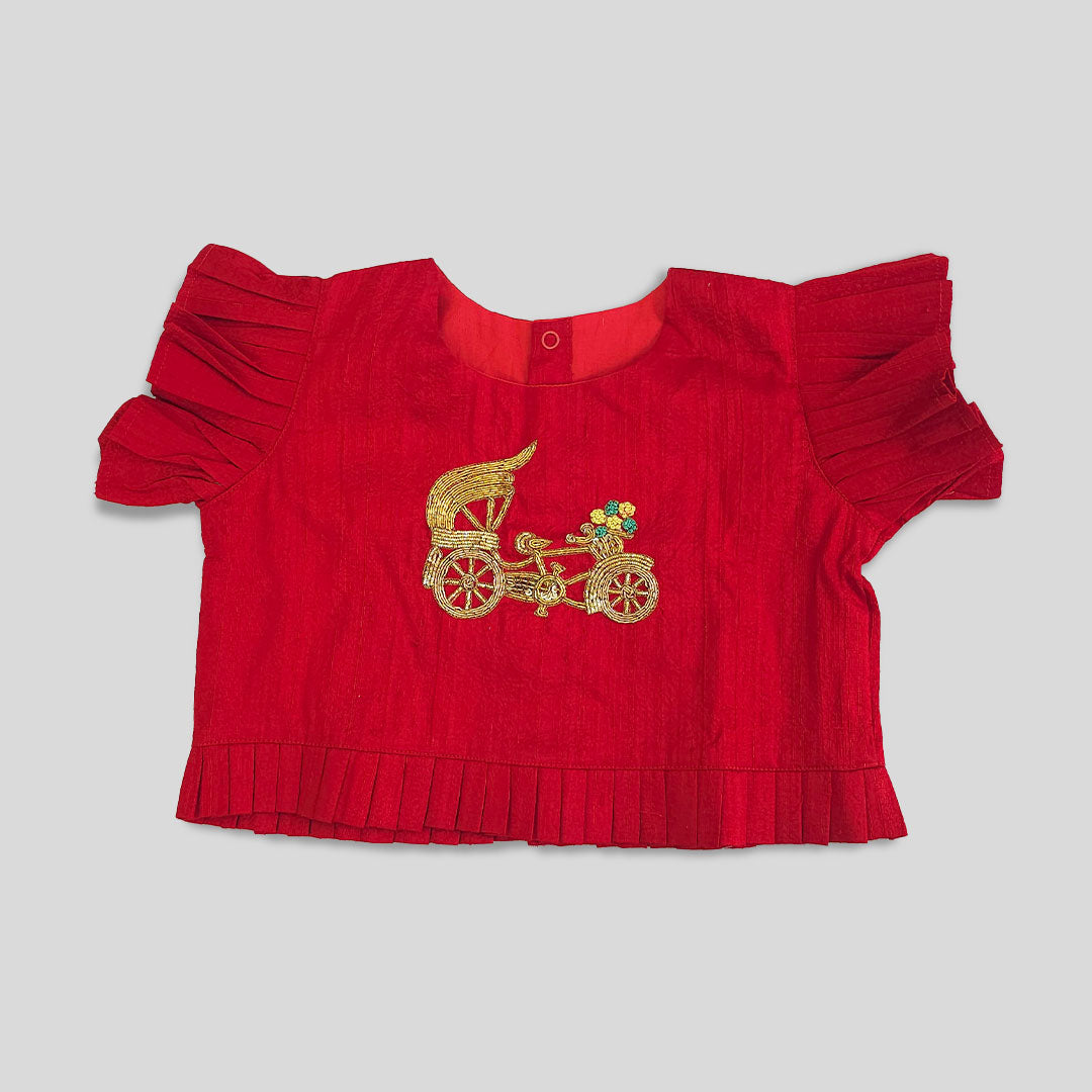 Keebee Raw Silk Red and Aqua Green Lehenga Set - Golden Carriage