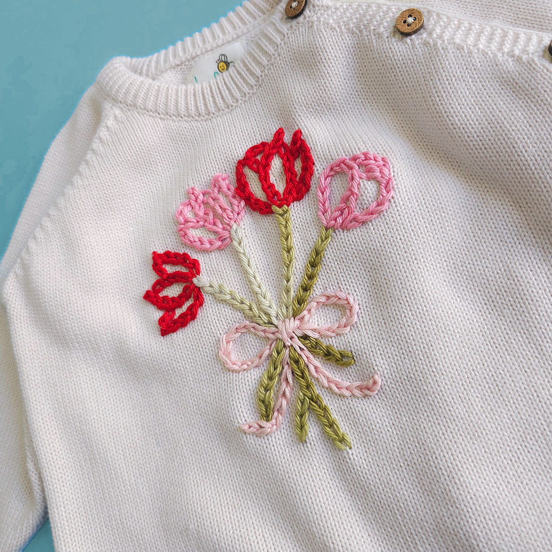 Keebee Organic Cotton Embroidered White Sweater - Tulip Bouquet