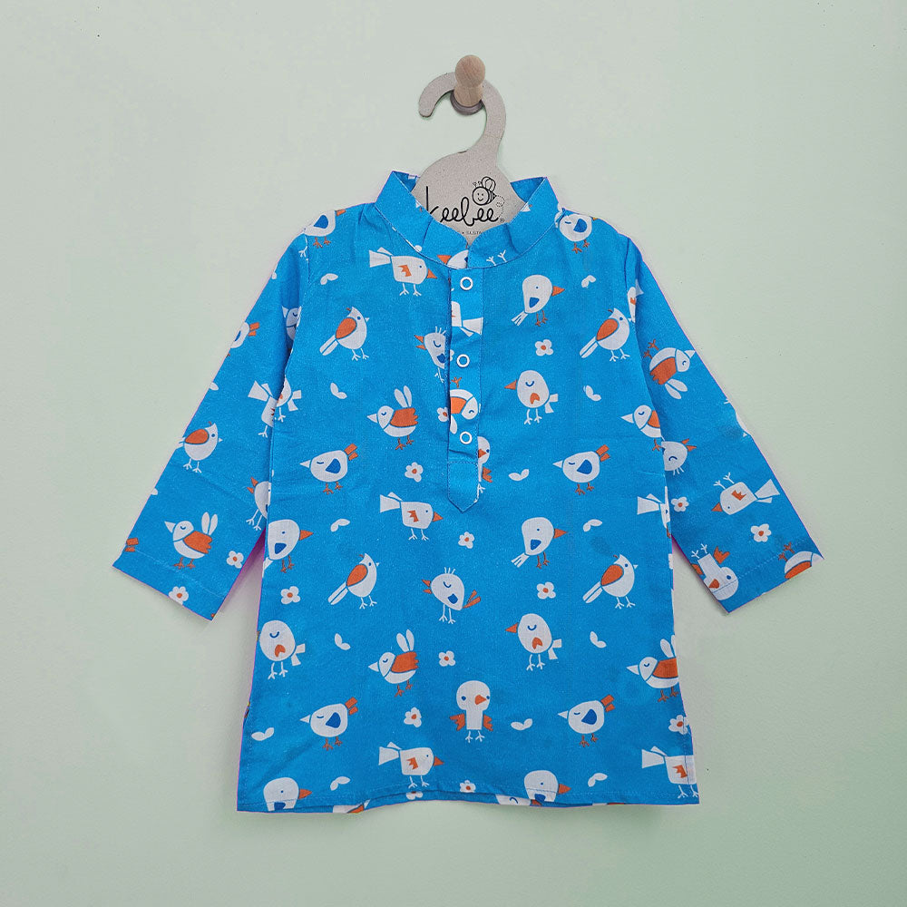 Keebee Organic Cotton Printed Blue Kurta paired with Pajama Pants - Blue Birdie