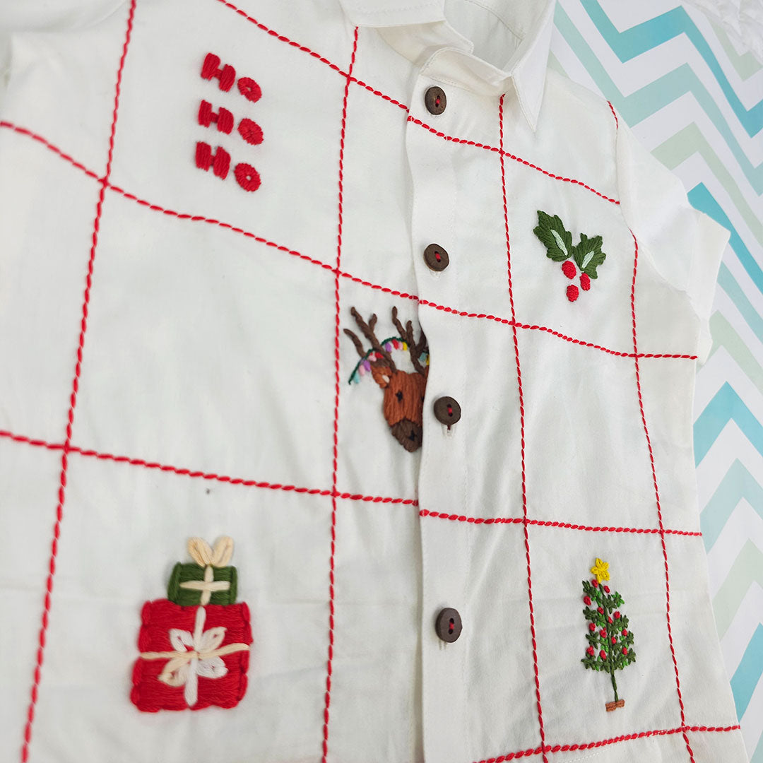 Keebee Organic Cotton Embroidered Half Sleeve Shirt - Holiday Tic-Tac-Toe