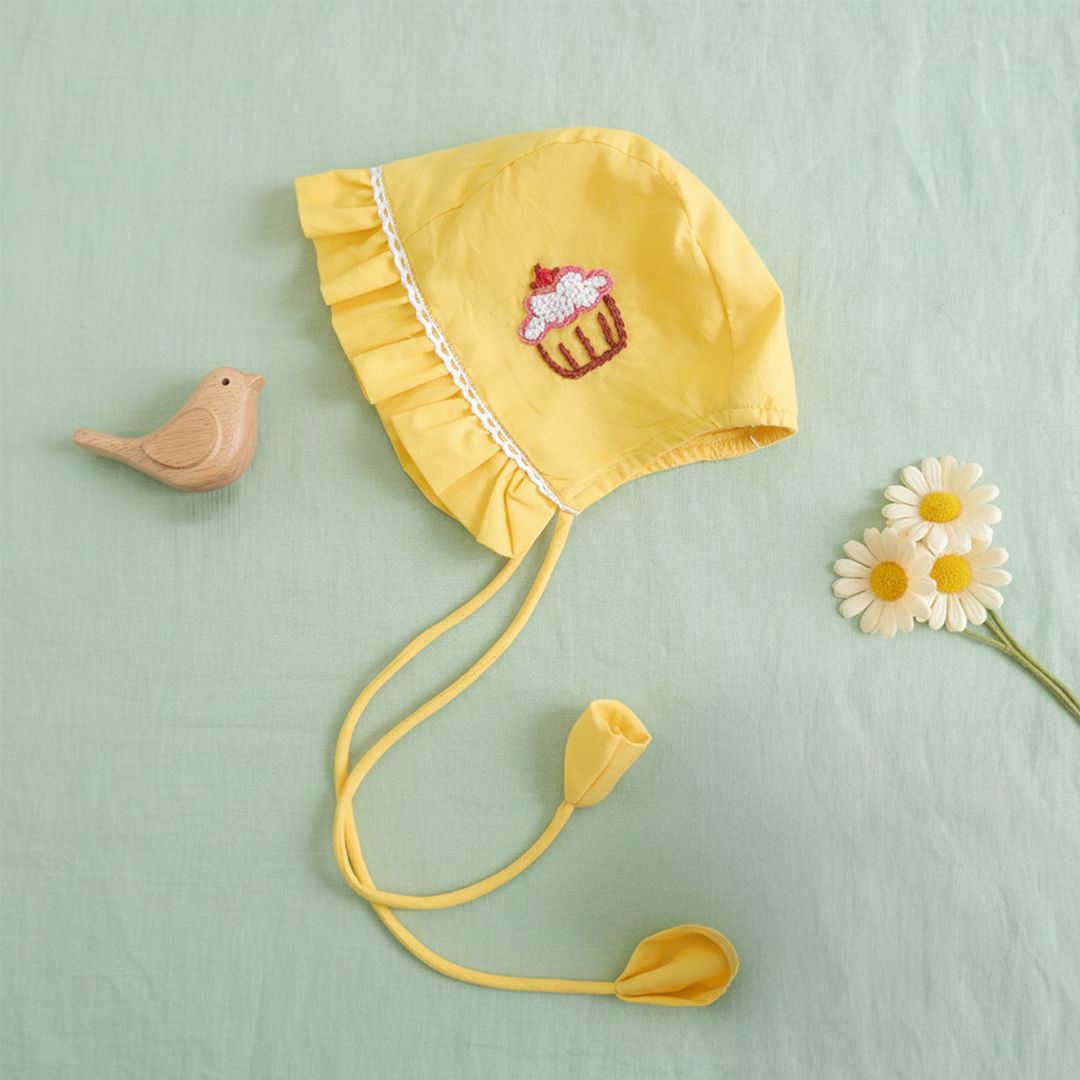 Keebee Organic Cotton Yellow Embroidered Baby Bonnet - Sweet as Cupcake