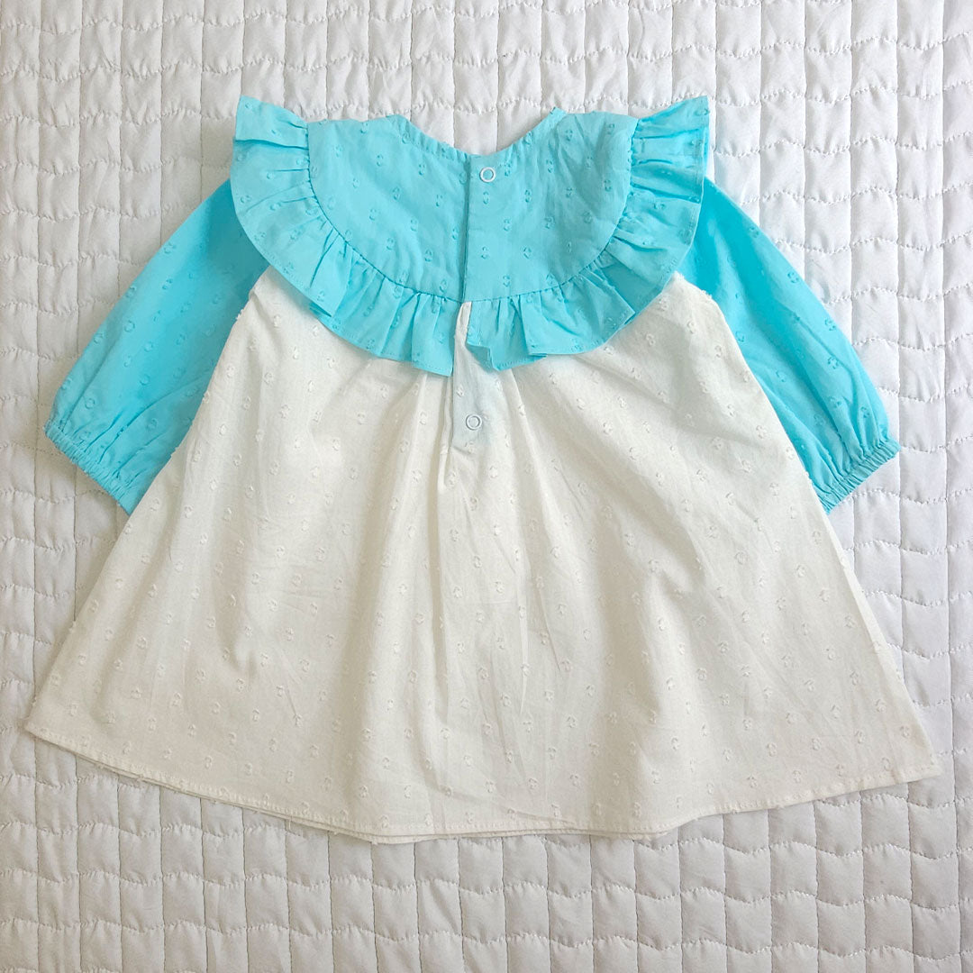 Keebee Organic Cotton Embroidered Girls Blue and White Puffed Sleeve Dress - Garland of Flowers