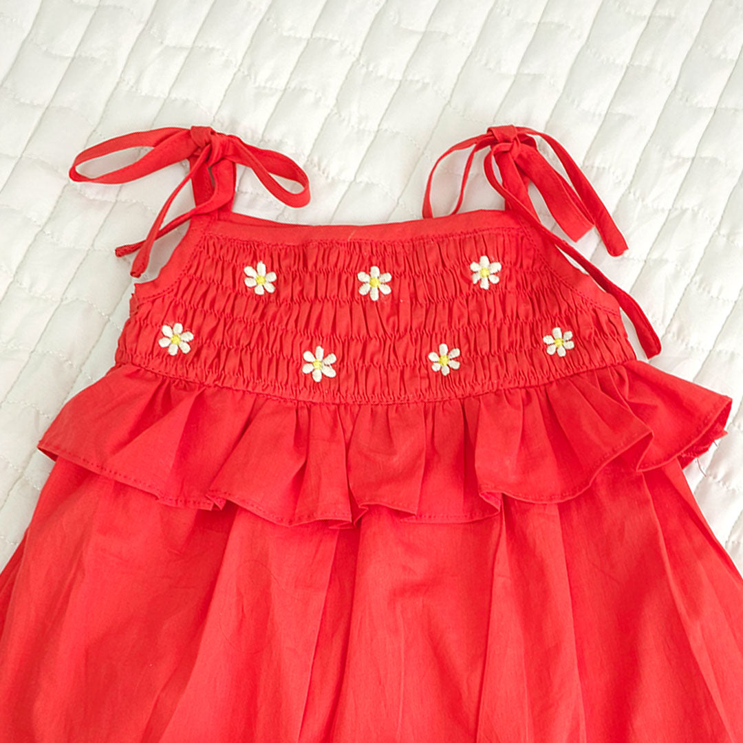 Keebee Organic Cotton Baby Girl Red Shoulder Knot Smocked Dress and Bloomer Set