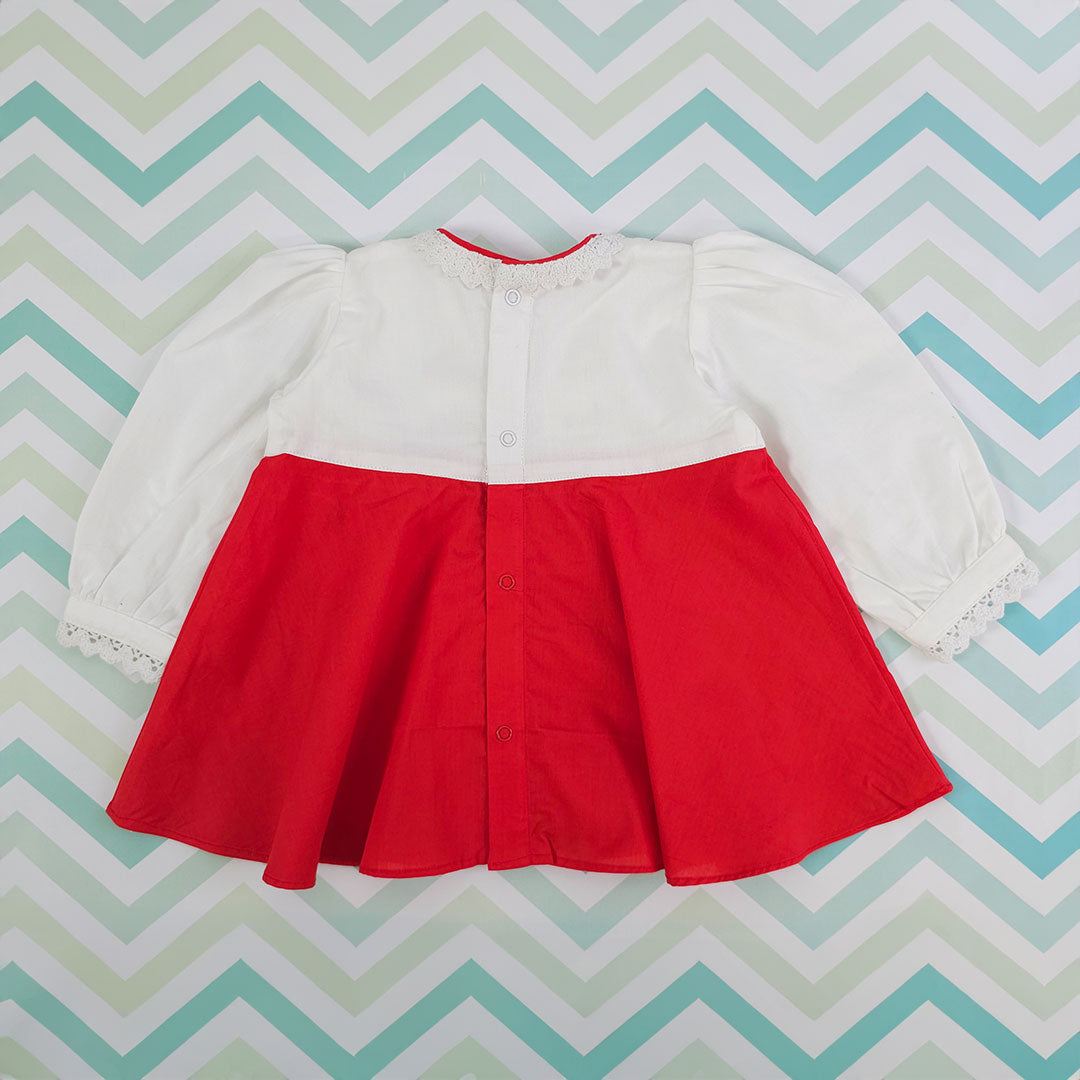 Keebee Organic Cotton Embroidered Baby Girl Red and White Full Sleeve Dress - Gnomes