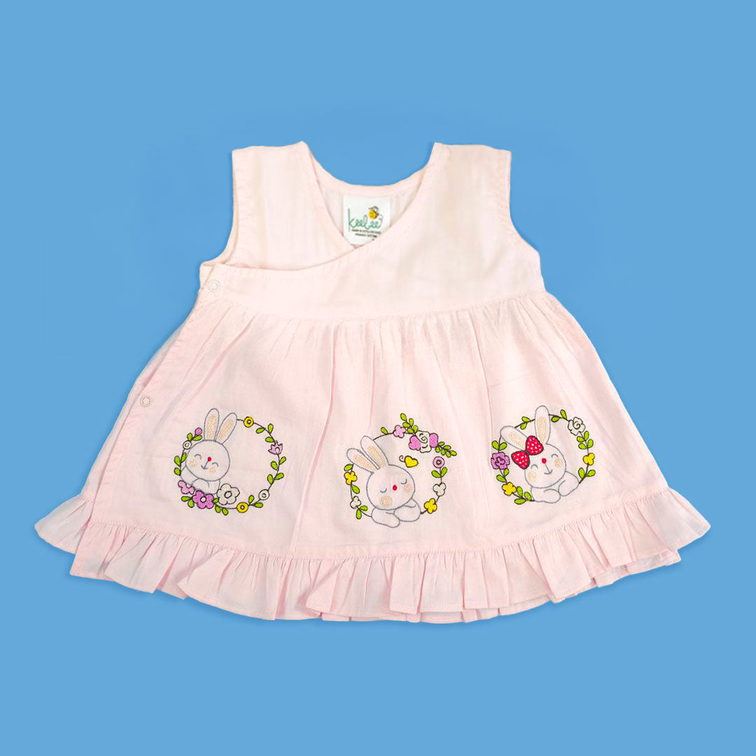 Keebee Organic Cotton Baby Pink Embroidered Girls Jabla / Wrap Dress - Rabbits