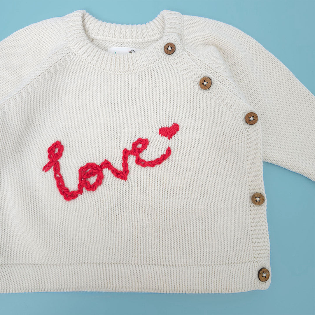 Keebee Organic Cotton Embroidered White Sweater - Love